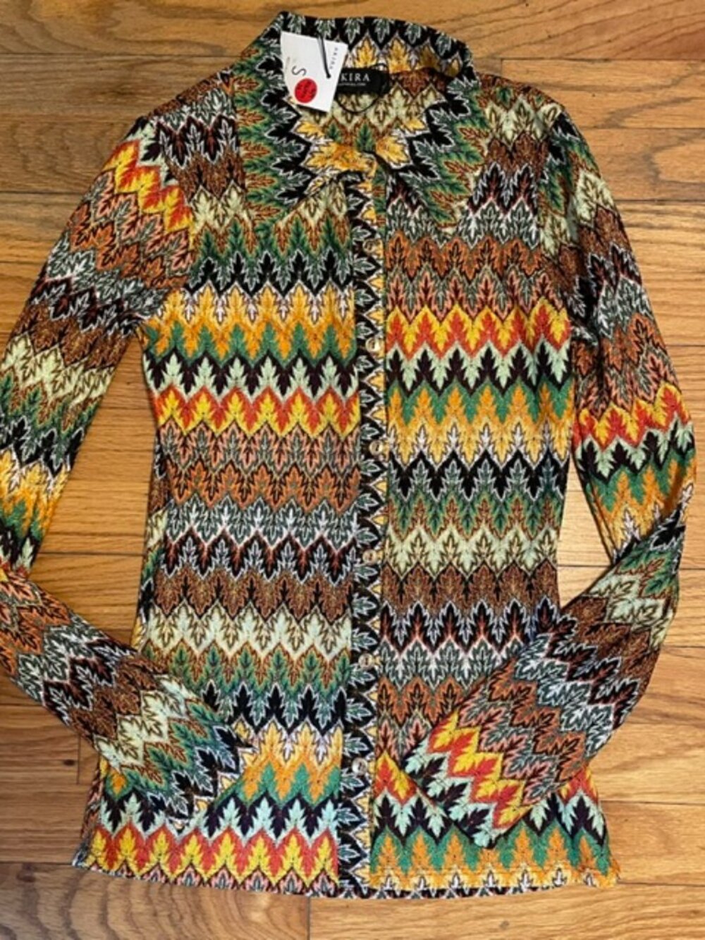 AKIRA NWT Small Mixed Emotions Chevron Mesh Button Down Shirt 70s Groovy